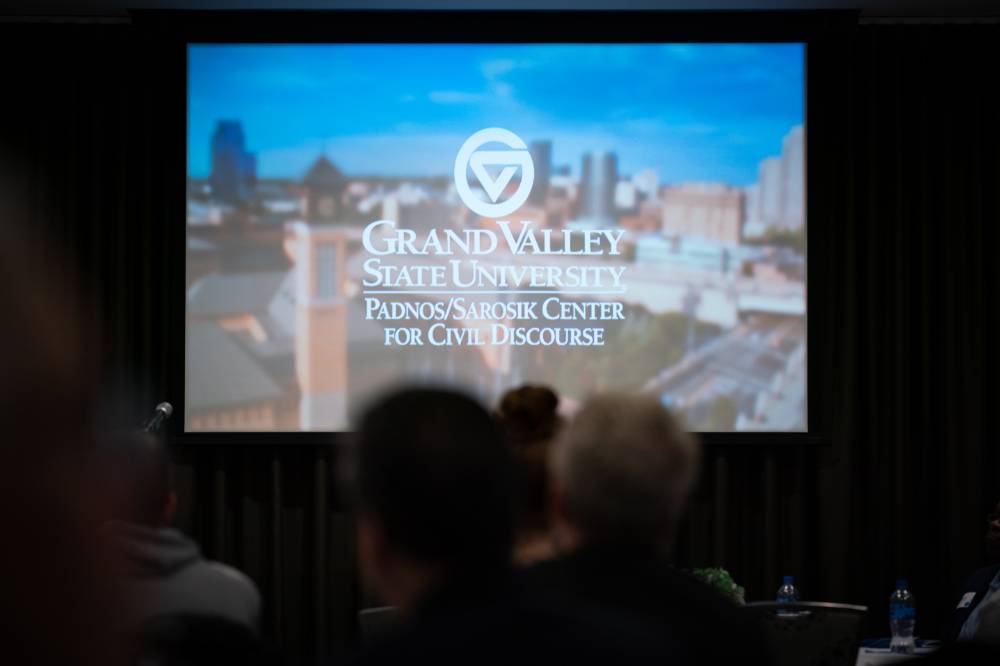 Video showing at the event, shows GVSU logo